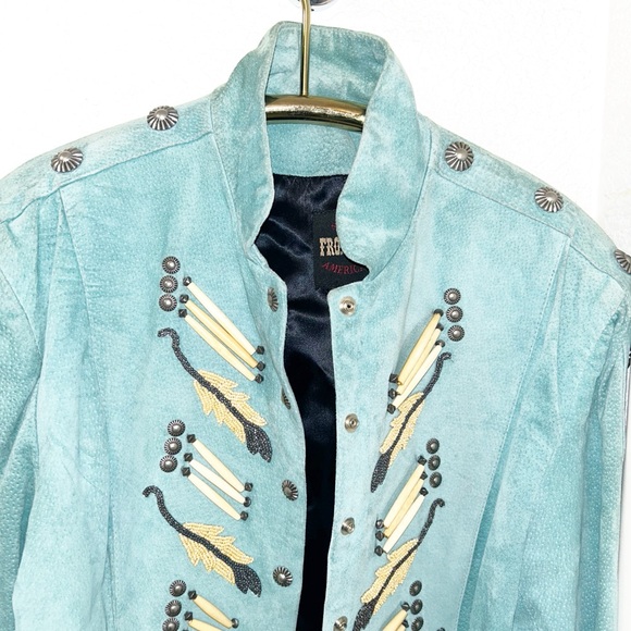 Vintage 💯 Suede Embellished Beaded Military Style Jacket Tiffany Blue SZ: Large - Picture 3 of 16